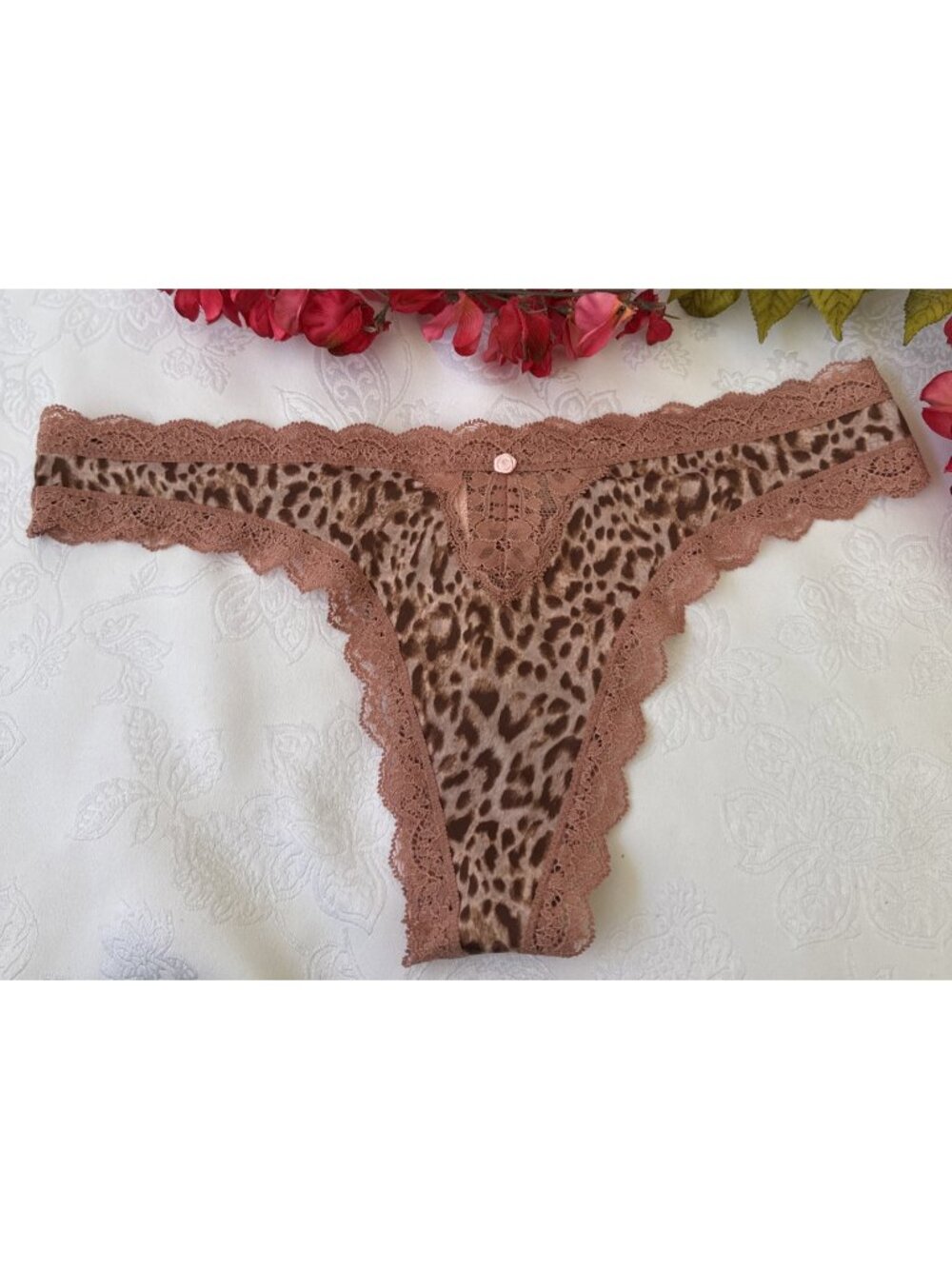 VICTORIA'S SECRET XS ANIMAL PRINT PINK BROWN LACE SILKY STRING THONG PANTIES NWT